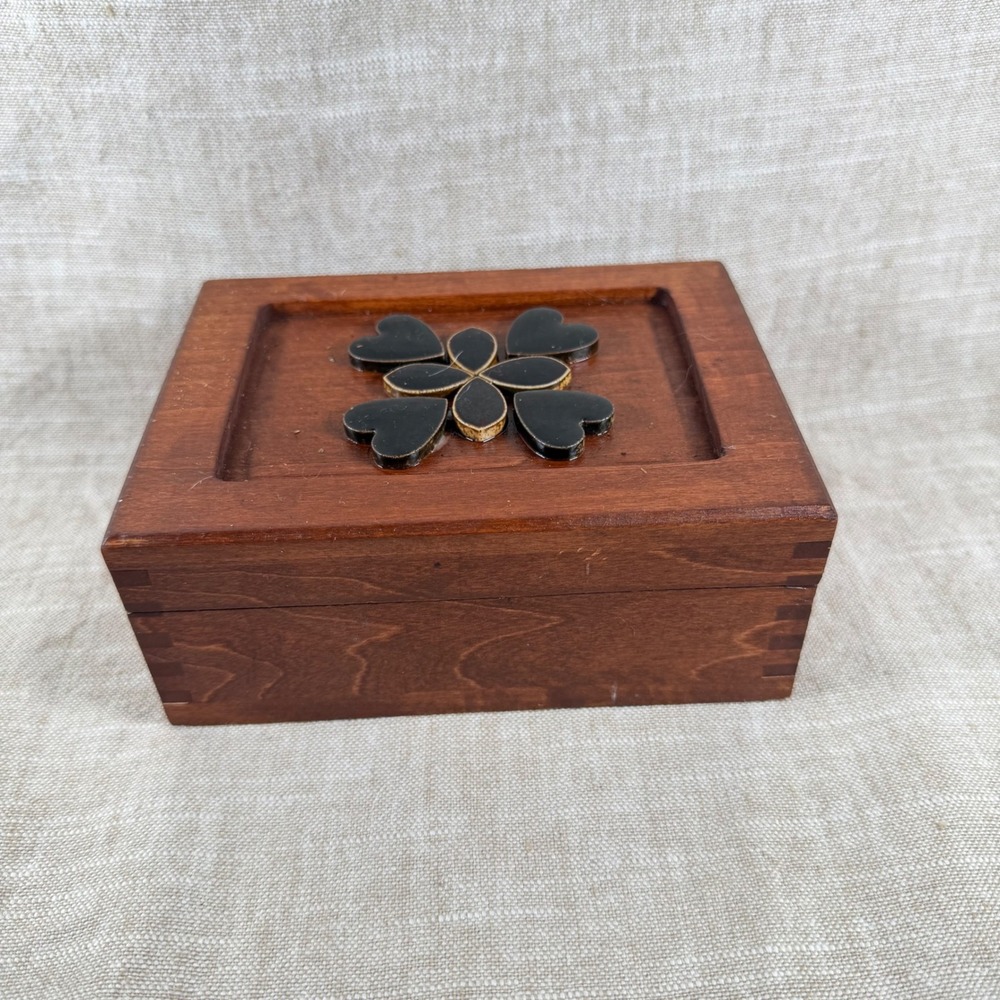 Vintage Wood Jewelry Box Floral Inlay Lid Trinket Box Mid Century
